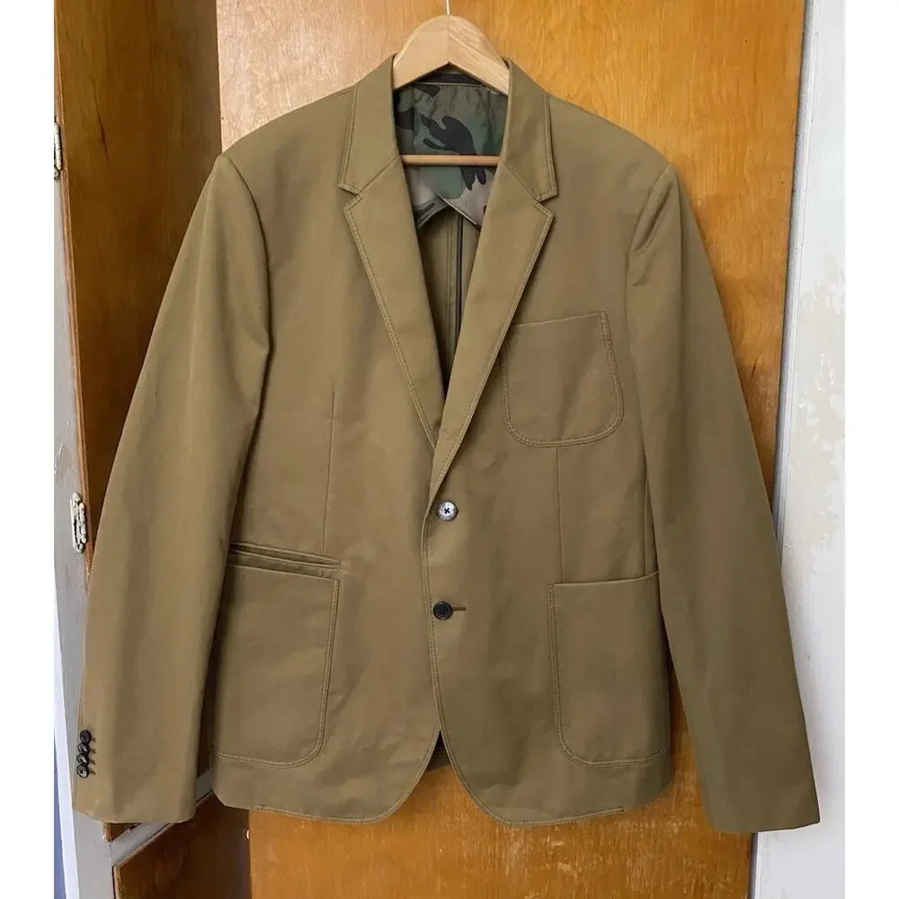 VALENTINO GARAVANI Tan Green Blazer twill sport coat camo lining Size 54 44” Ch